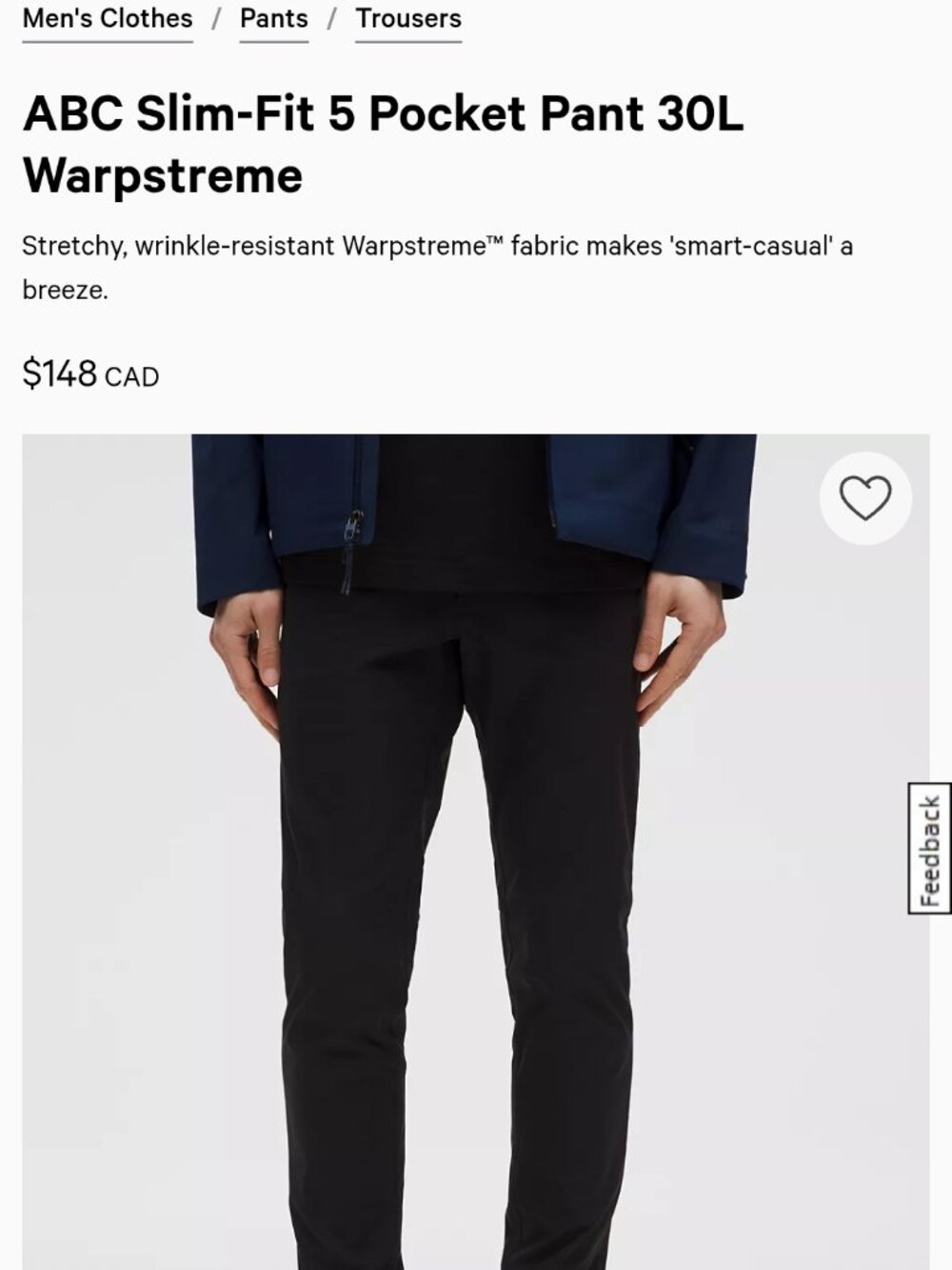 LULULEMON MENS ABC Slim-Fit 5 Pocket Pant 30L Warpstreme 34 waist